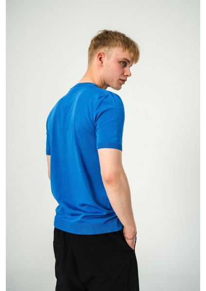Basic Mavi Triko Kumaş Tshirt