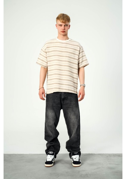 Kahverengi Çizgili Krem Örme Tshirt