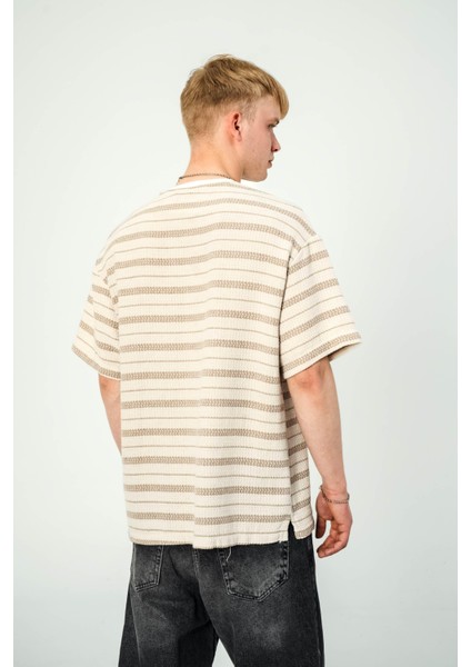 Kahverengi Çizgili Krem Örme Tshirt modelleri