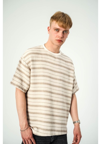 Kahverengi Çizgili Krem Örme Tshirt fırsatları