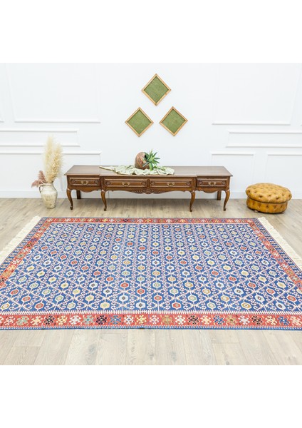 Koltan Geometrik Desenli Mavi Yün Kilim 202 x 293 cm