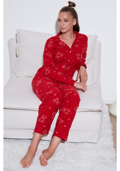 Standart Fit Düğmeli Polarlı Pijama Takımı Bayan Pijama Takımı 6095616