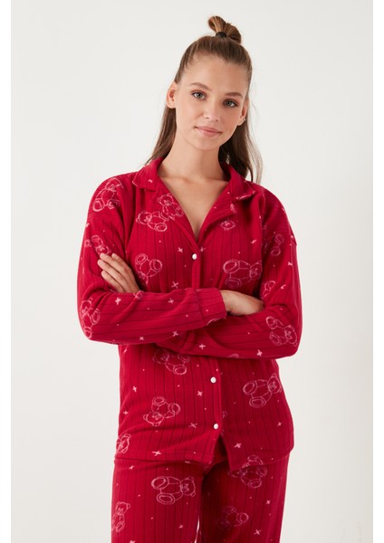 Standart Fit Düğmeli Polarlı Pijama Takımı Bayan Pijama Takımı 6095616