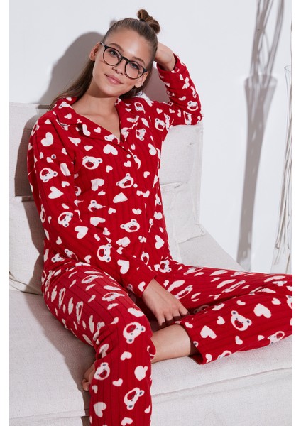 Standart Fit Düğmeli Polarlı Pijama Takımı Bayan Pijama Takımı 6095617