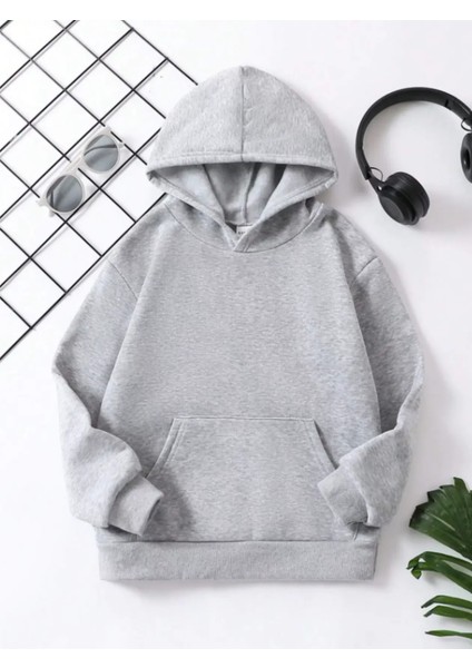 Çocuk Kapüşonlu Düz Renk Pamuklu Sweatshirt - Gri