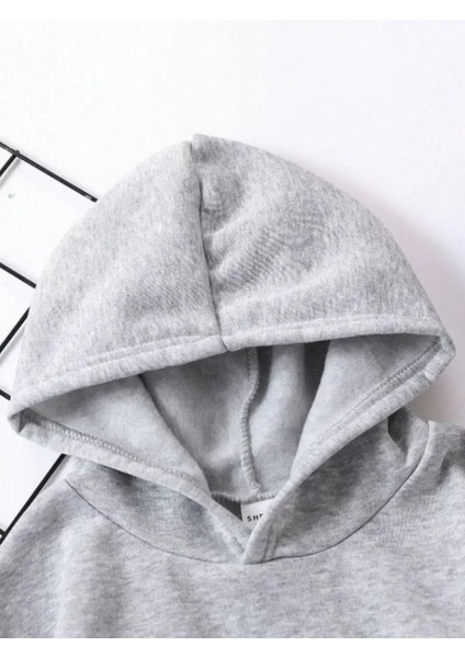 Çocuk Kapüşonlu Düz Renk Pamuklu Sweatshirt - Gri