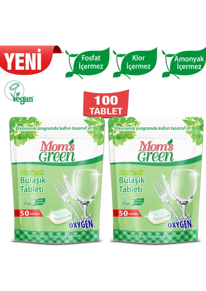 Mom's Green 50'li Ekolojik Oksijenli Bulaşık Makinesi Tableti 2 x 50 Tablet (100 Yıkama)