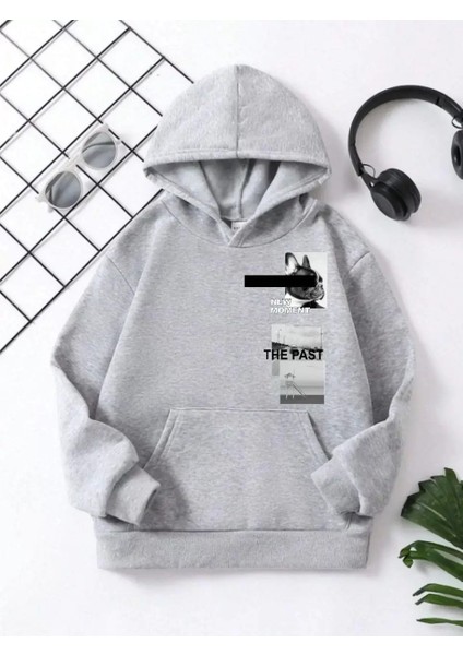 Çocuk Kapüşonlu New Moment Baskılı Pamuklu Sweatshirt - Gri