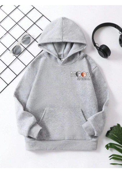 Çocuk Kapüşonlu Ön ve Arka Moon Special Baskılı Sweatshirt - Gri