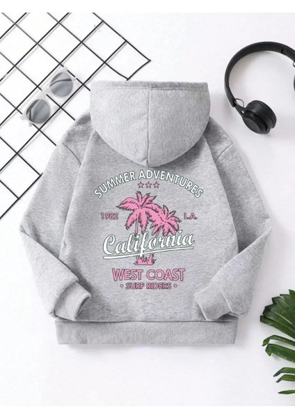 Çocuk Kapüşonlu Ön ve Arka California Baskılı Sweatshirt - Gri