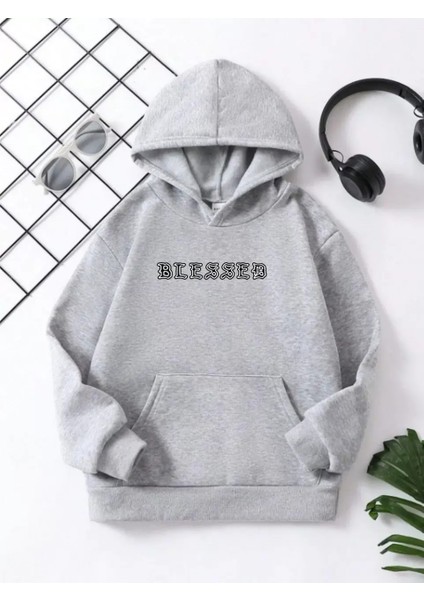 Çocuk Kapüşonlu Ön ve Arka Blessed Baskılı Pamuklu Sweatshirt - Gri