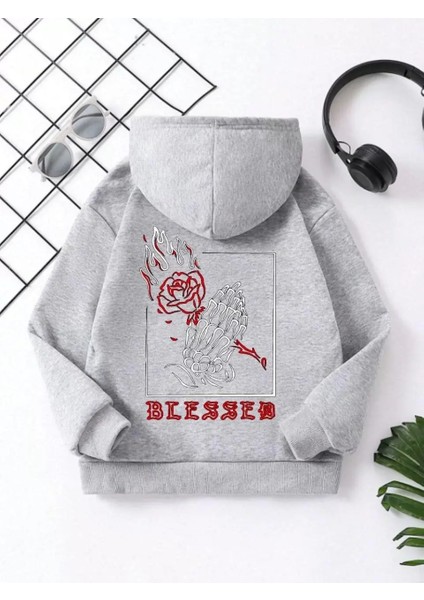 Çocuk Kapüşonlu Ön ve Arka Blessed Baskılı Pamuklu Sweatshirt - Gri