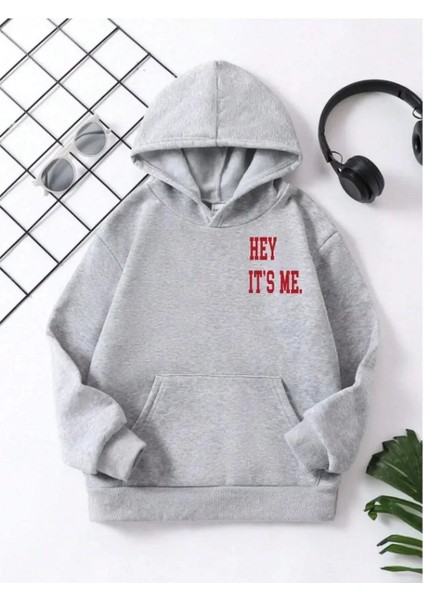 Çocuk Kapüşonlu Hey It's Me Baskılı Pamuklu Sweatshirt - Gri