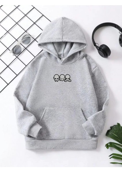 Çocuk Kapüşonlu Mini Kafa Baskılı Pamuklu Sweatshirt - Gri