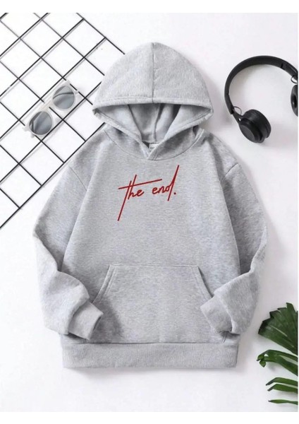 Çocuk Kapüşonlu The End Baskılı Pamuklu Sweatshirt - Gri