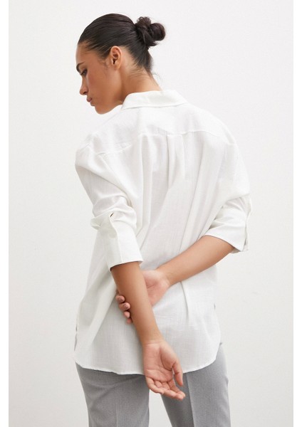 Geniş Manşetli Keten Gömlek Ekru indirimleri