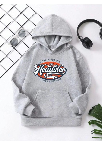 Çocuk Kapüşonlu Vintages Baskılı Pamuklu Sweatshirt - Gri