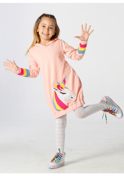 Unicorn Kolları Renkli Hoodie Kız Çocuk Elbise