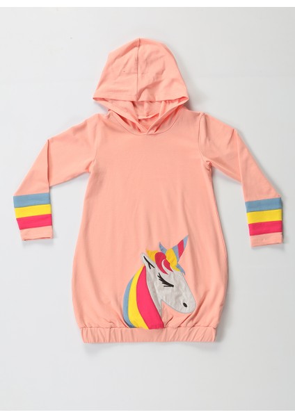 Unicorn Kolları Renkli Hoodie Kız Çocuk Elbise