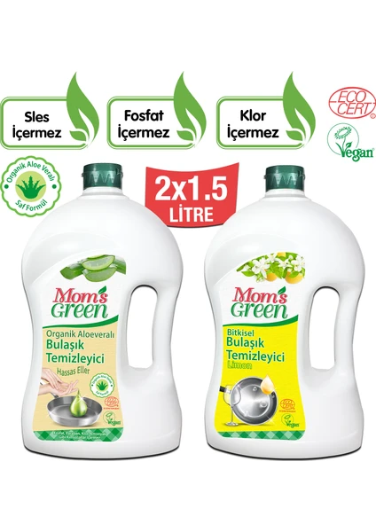 Mom's Green 2'li Set 1500 ml Aloeveralı ve Limonlu Organik Elde Bulaşık Temizleyici 2x1500 ml