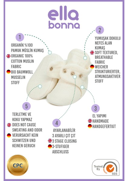 Ella Bonna Müslin Bebek Patiği, Organik Pamuk, Yenidoğan Pandufu, Krem