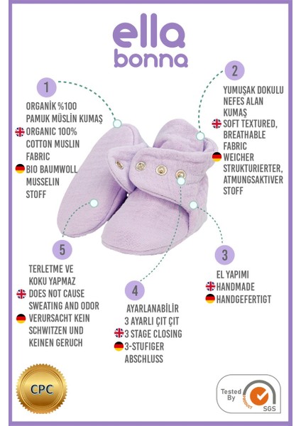 Müslin Bebek Patiği, Organik Pamuk, Yenidoğan Pandufu, Lila modelleri