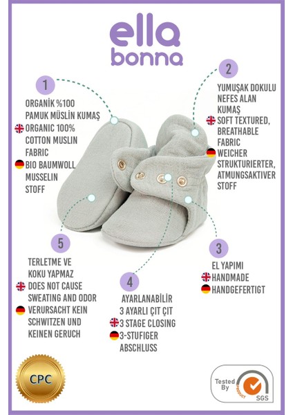 Müslin Bebek Patiği, Organik Pamuk, Yenidoğan Pandufu, Gri modelleri
