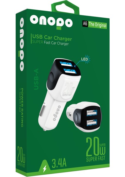 3.4A Çift USB Çıkışlı Hızlı Araç Şarjı 20W - A6