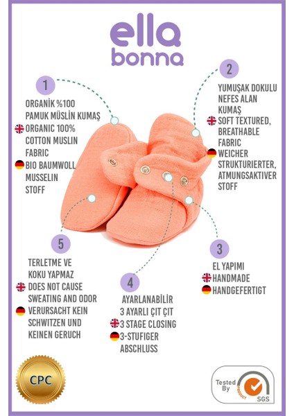 Ella Bonna Müslin Bebek Patiği, Organik Pamuk, Yenidoğan Pandufu, Mercan