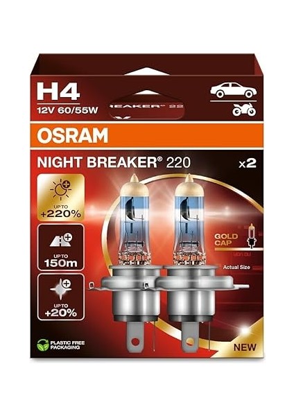 H4 Night Breaker 220 12V %220 Fazla Işık (1 Takım-2 Ad.)