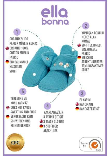 Müslin Bebek Patiği, Organik Pamuk, Yenidoğan Pandufu, Koyu Mavi modelleri