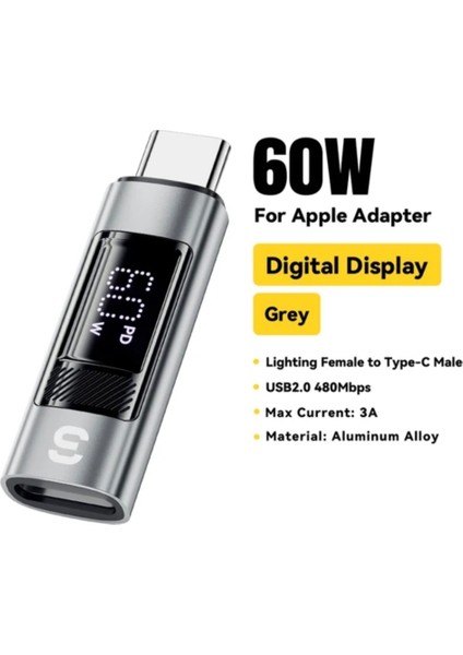 Type-C To İphone Lightning 60W Hızlı Adaptör Çevirici CE/FC/ROHS Lisanslı Dijital Göstergeli Son Nesil Teknoloji