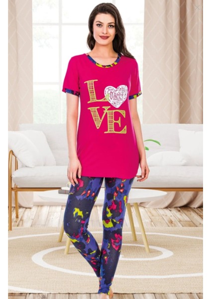 Fuşya Renk M-L-XL Beden LOVE Yazılı Yarım Kol Pijama Takım