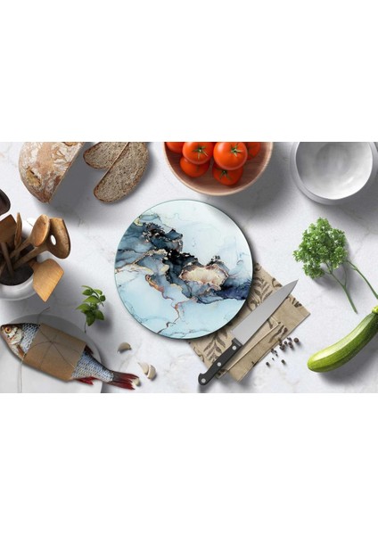 Cam Kesme Tahtası Siyah Yaldızlı Mermer Çap 32 cm