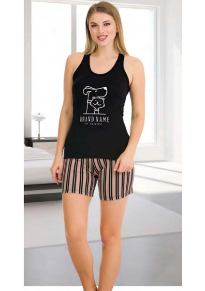 Siyah Renk M-L-XL Beden Kolsuz Şortlu Üstünde Kedi Köpek Baskılı Kalite Kumaş Yazlık Pijama Takım