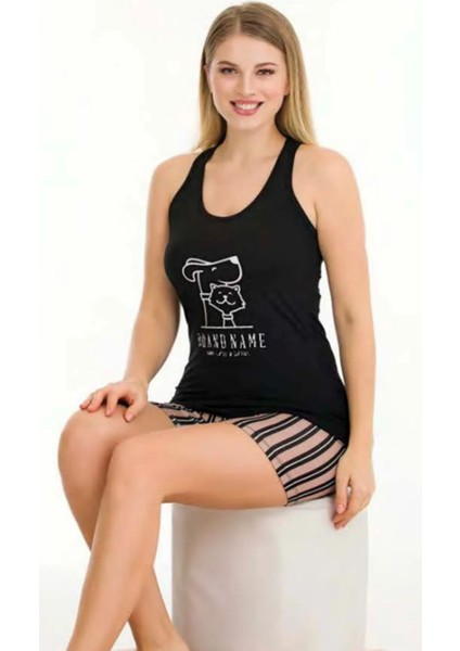 Siyah Renk M-L-XL Beden Kolsuz Şortlu Üstünde Kedi Köpek Baskılı Kalite Kumaş Yazlık Pijama Takım