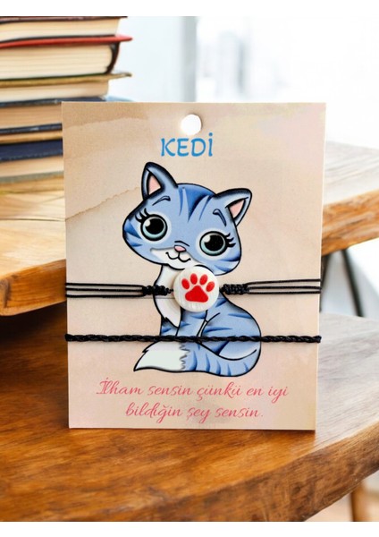 Kedi Patisi Desenli Sedef Ikili Bileklik (Kırmızı)
