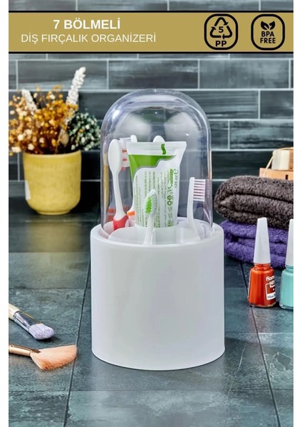 7 Bölmeli Mika Kapaklı Beyaz Diş Fırçalık Organizeri