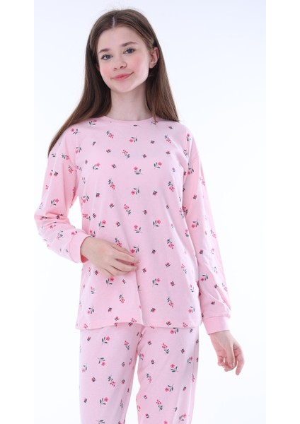 8-13 Yaş %100 Pamuk Çiçek Desenli Uzun Kollu Kız Çocuk Pijama Takımı