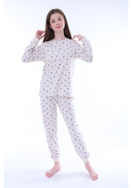 8-13 Yaş %100 Pamuk Çiçek Desenli Uzun Kollu Kız Çocuk Pijama Takımı