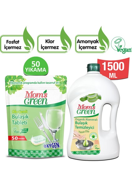 Mom's Green 2'li Set - 50'li Bulaşık Makinesi Tableti ve 1500 ml Organik Aloeveralı Bulaşık Temizleyici