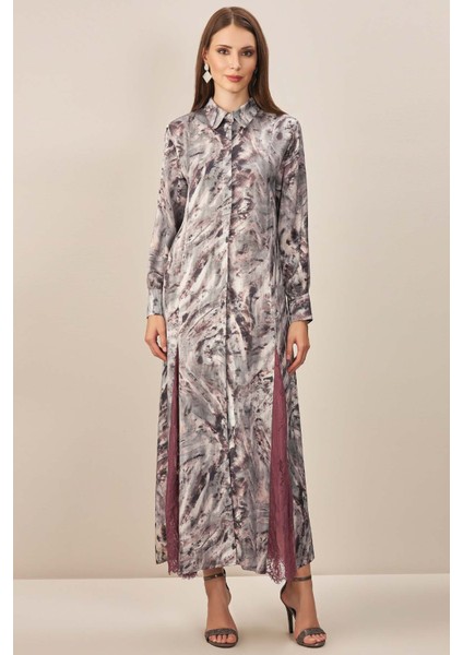 Gömlek Yaka Gri Desenli Elbise