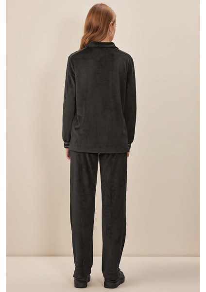 Hakim Yaka Siyah Kadife Eşofman Üstü fırsatları