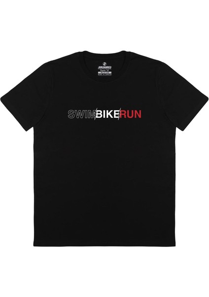 Swim Bike Run Baskılı Siyah Tişört