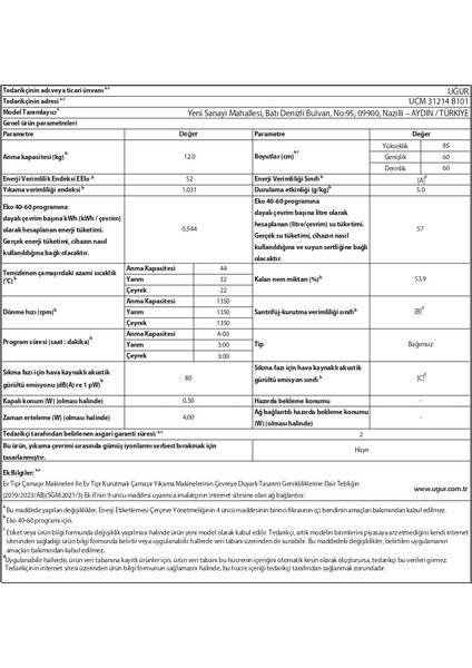 Ucm 31214 B101 A Enerji Sınıfı 12 kg 1350 Devir Çamaşır Makinesi
