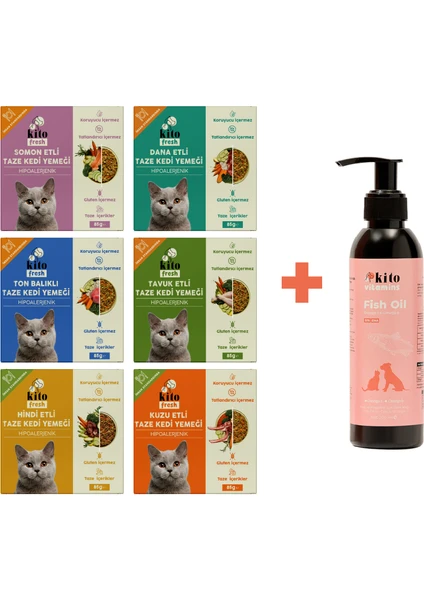 Kediler Için Kito Fresh Tanışma Paketi + Kito Balık Yağı 200 ml ( Kedi ve Köpekler için Omega 3 & 6 İçerikli Deri ve Tüy Sağlığı Destekleyici Balık Yağı)