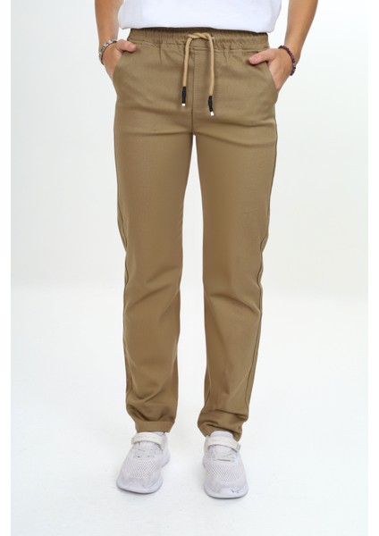 Kız/erkek Çocuk Unisex Pamuklu Gabardin Beli Lastikli Bej Okul PANTOLONU-PNT-0023 fiyatları
