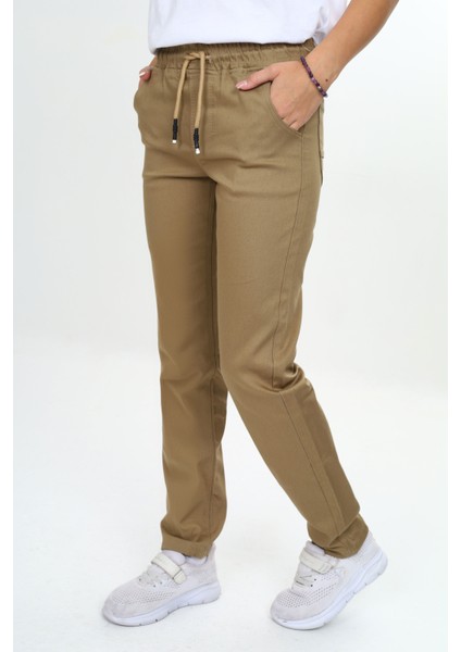 Kız/erkek Çocuk Unisex Pamuklu Gabardin Beli Lastikli Bej Okul PANTOLONU-PNT-0023 fırsatları