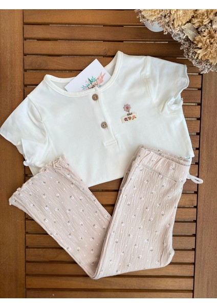 Babyaden Kuş / Çiçek Nakışlı Dizaltı / Ispanyol Paça Taytlı Günlük Pamuklu Kız Çocuk Takım