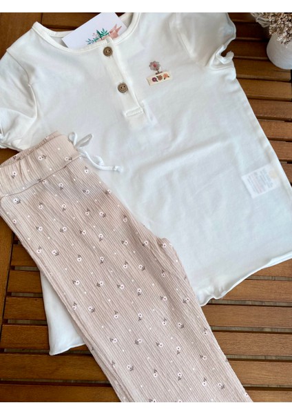 Babyaden Kuş / Çiçek Nakışlı Dizaltı / Ispanyol Paça Taytlı Günlük Pamuklu Kız Çocuk Takım fırsatları
